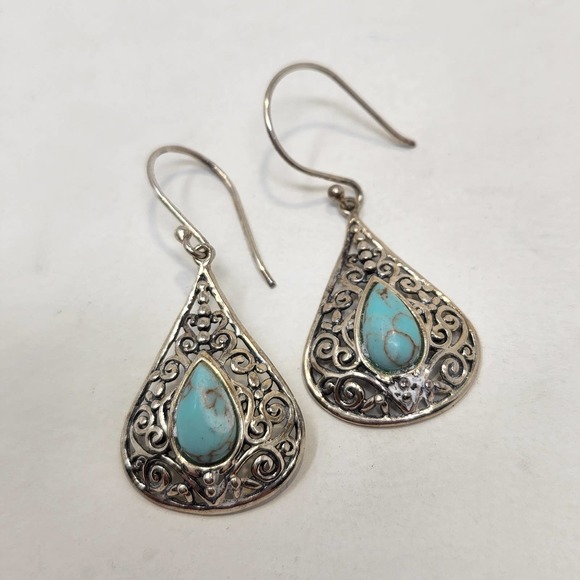Sterling Silver 925 Blue Stone Teardrop Dangle Drop Hook Earrings Filigree - Picture 2 of 5